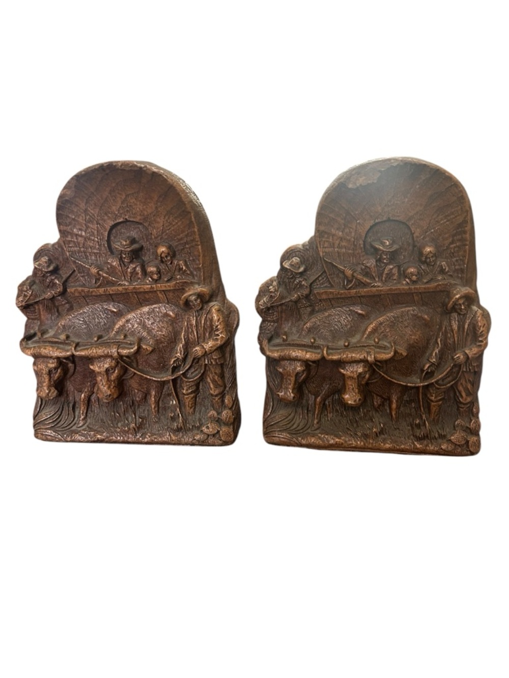Bookends Syroco Covered Conestoga Wagon Oxen Pioneers Settlers cattle Vintage